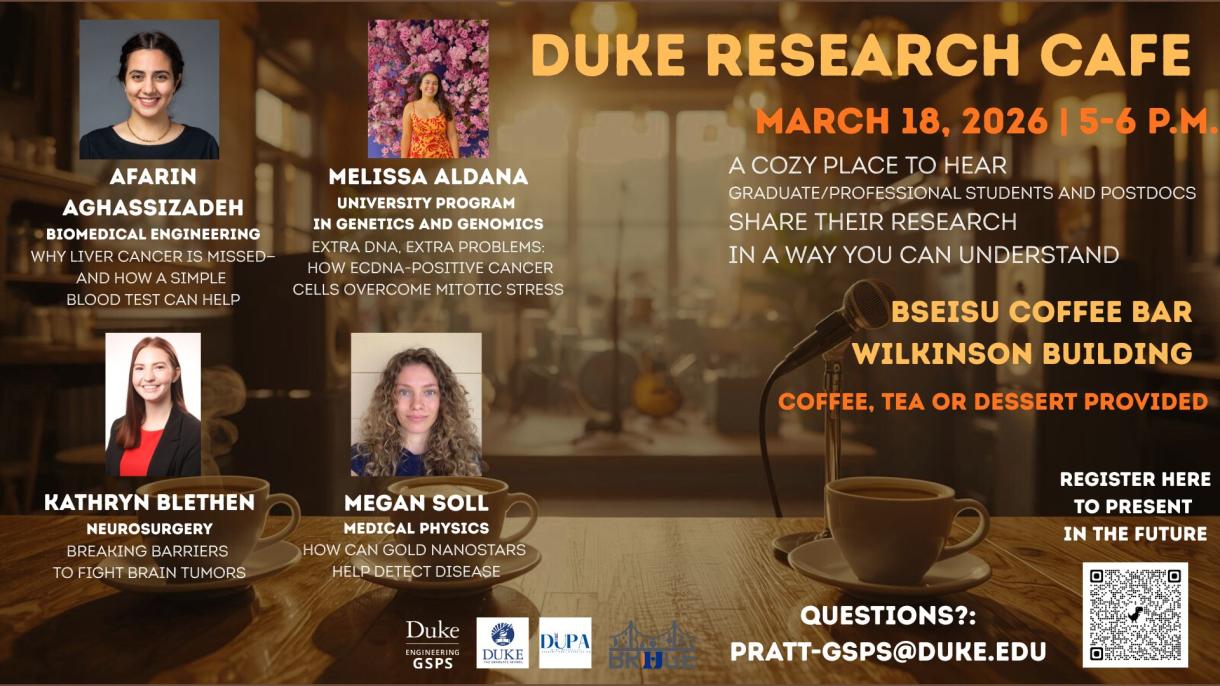 Duke Research Cafe March 18 2026 with headshots of speakers