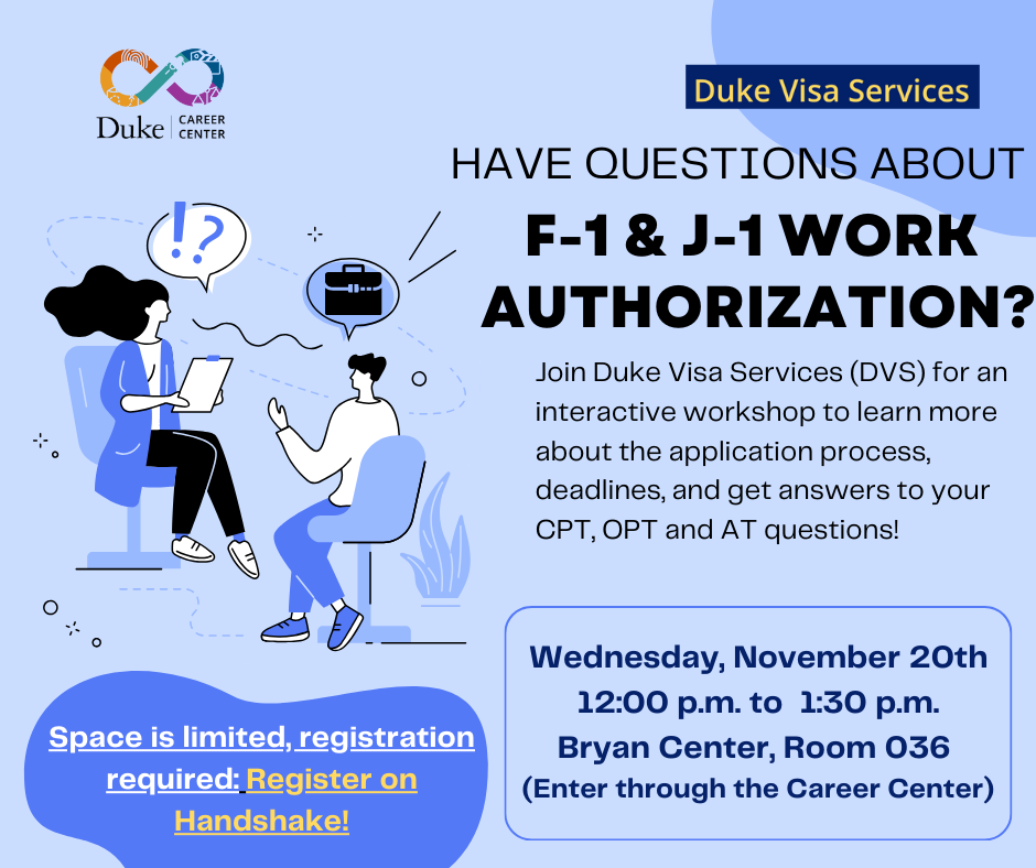 F-1 and J-1 Work Authorization Workshop, 11/20, 12 pm