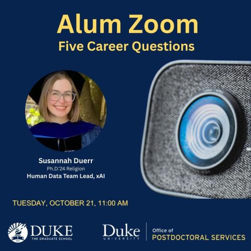 Alum Zoom with Susannah Duerr, PhD, 10/21, 11 am ET