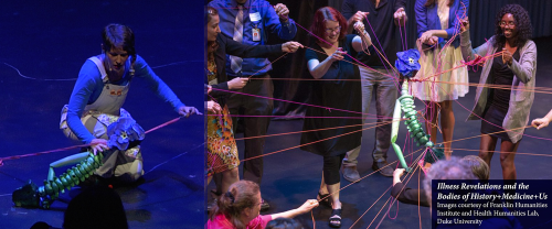 On the left, an image of Marina Tsaplina crouching alone on a dark stage lit with blue light, holding a puppet that looks like a large flower with a long green stem and purple petals. A thick red string runs through the puppet. On the right, a circle of audience members now hold strands of red string, all of which connect to the flower-puppet at the center of the stage. Audience members smile and dance.