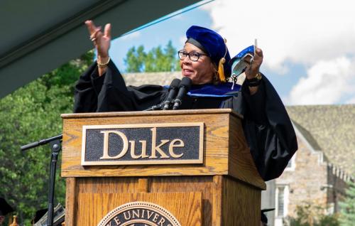 Closeup of Dean Paula D. McClain speaking on Abele Quad